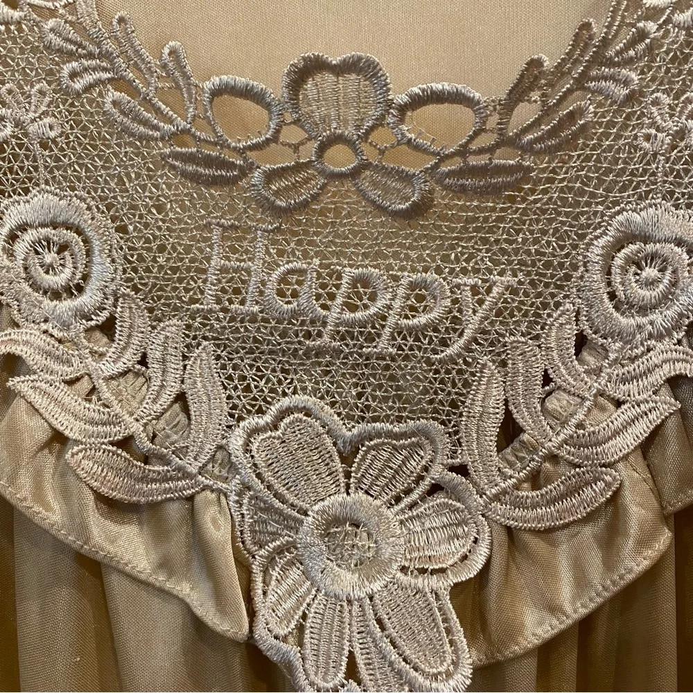 Vintage Long Champagne Satin Nightgown Embroidered Floral Appliqué Top “Happy” - Picture 6 of 17